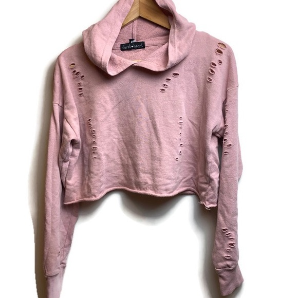 Derek heart grunge destroyed pink crop hoodie sweatshirt sz M - Picture 3 of 4
